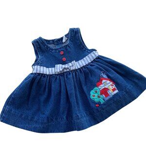 Vintage Medium Wash Denim House Patchwork Embroidered Dress 18 Months
